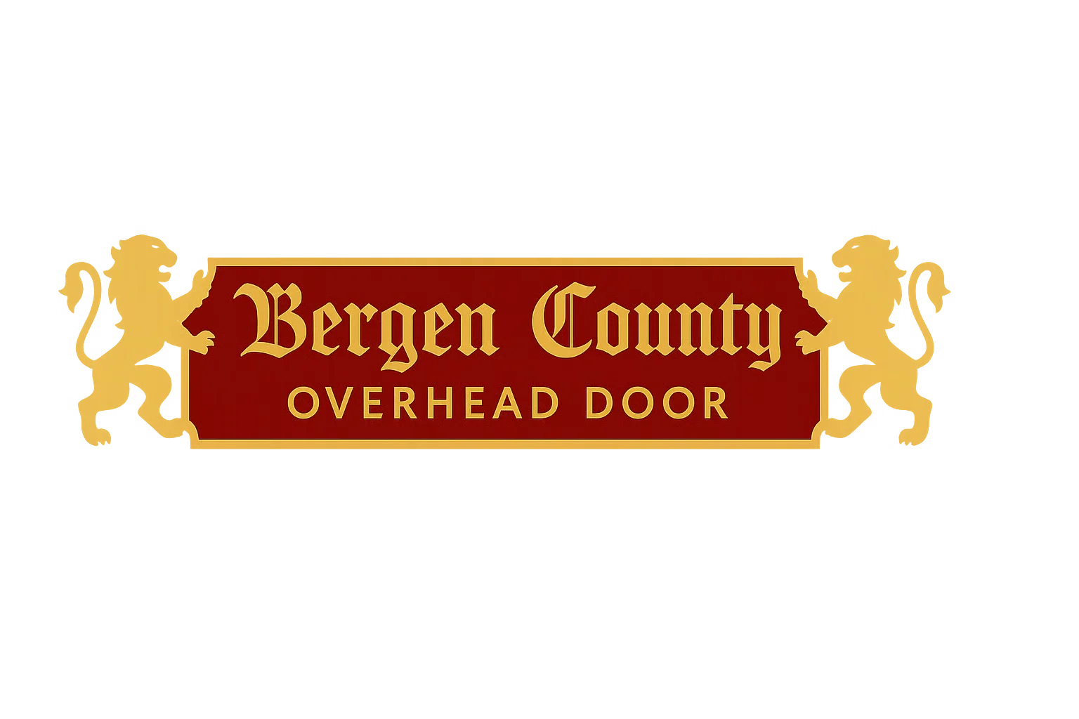 Bergen County Overhead Door logo featuring gold lions and red banner with gold text